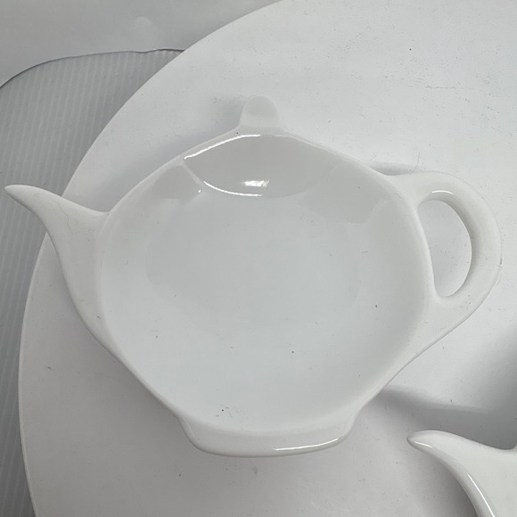 Set of 2 White Ceramic Teapot Shaped Tea Bag Holders Dish Trays Tea Party - Picture 3 of 8